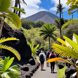 Caribbean Holidays, Martinique Tours, Lush rainforest trail in northern Martinique beneath Mount Pel&eacute;e, with tropical plants, volcanic rocks and hikers walking in April sunshine