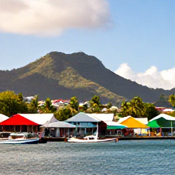 Caribbean Holidays, Martinique Tours May, Colourful waterfront in Fort-de-France, Martinique, with tropical hills and small boats in warm May sunshine