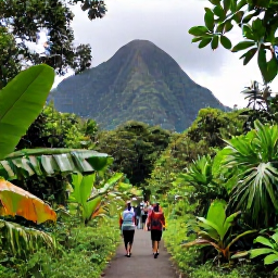 Caribbean Holidays, Martinique Tours May, Guided walking tour through lush Martinique rainforest, with volcanic peaks, broad leaves and visitors on a forest trail