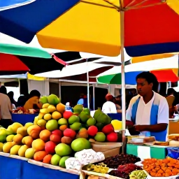 Caribbean Holidays, Martinique Tours May, Open-air market in Fort-de-France, Martinique, displaying tropical fruit, spices and local food beneath colourful awnings