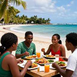 Caribbean Holidays, Martinique Tours, Relaxed group enjoying a Creole lunch beside a sunny beach in Martinique, with colourful food and tropical surroundings