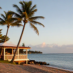 Caribbean Holidays, Martinique Tours, Relaxed Martinique beach scene at golden hour, with palm trees, calm Caribbean water and a small beachside restaurant