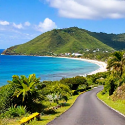 Caribbean Holidays, Martinique Tours, Scenic coastal road in Martinique overlooking turquoise Caribbean water, green hills and a small sandy beach