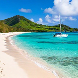 Caribbean Holidays, Martinique Tours, Small boat sailing beside a quiet Martinique beach with turquoise water, coral reefs and green hills