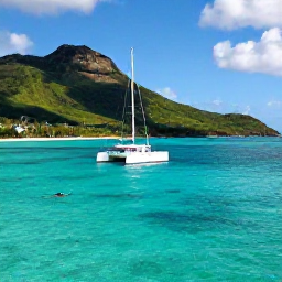 Caribbean Holidays, Martinique Tours, Small catamaran sailing beside a turquoise Martinique bay with green hills and snorkellers in clear water