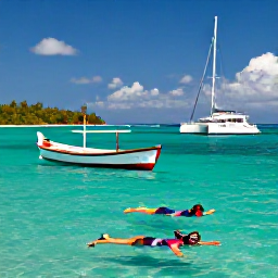 Caribbean Holidays, Martinique Tours, Traditional Martinique fishing boat and modern catamaran sailing along a turquoise coast near Les Anses-d'Arlet, with snorkellers enjoying clear water