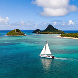Caribbean Holidays, Martinique Tours, Traditional sailing boat cruising across clear Caribbean water beside green Martinique coastline and small volcanic islands