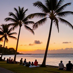 Caribbean Holidays, Martinique Tours, Travellers enjoying a relaxed evening beside the sea in Martinique, with warm light, palm trees and a colourful sunset