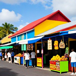 Caribbean Holidays, Martinique Tours, Visitors exploring the colourful streets and market stalls of Fort-de-France, Martinique, with tropical fruit and local crafts on display