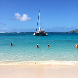 Caribbean Holidays, Martinique Tours, Visitors snorkelling in clear turquoise water beside a quiet sandy beach in southern Martinique, with a catamaran offshore