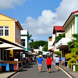 Caribbean Holidays, Martinique Tours, Visitors walking through colourful Fort-de-France streets, with colonial buildings, market stalls and tropical plants