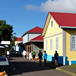 Caribbean Holidays, Martinique Walking, A colourful Martinique village street with Creole houses, a local market and walkers exploring in warm December sunshine