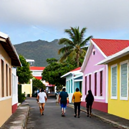 Caribbean Holidays, Martinique Walking, A friendly Martinique village street with walkers enjoying local food, colourful buildings and tropical scenery in August