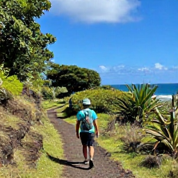 Caribbean Holidays, Martinique Walking, A hiker following a lush coastal trail in Martinique under a bright August sky, with tropical vegetation and the Caribbean Sea in the distance