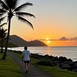 Caribbean Holidays, Martinique Walking, A peaceful February sunset over Martinique&rsquo;s Caribbean coastline, with a walking path, palm trees and distant hills