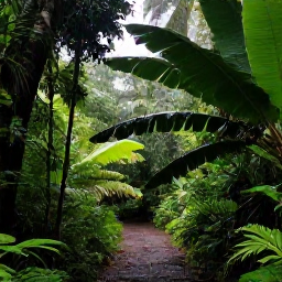 Caribbean Holidays, Martinique Walking, A shaded rainforest walking trail on Martinique with broad green leaves, ferns, and soft filtered sunlight after a tropical shower