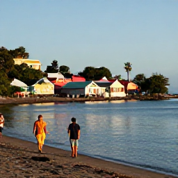 Caribbean Holidays, Martinique Walking, Colourful Martinique fishing village beside a calm Caribbean bay, with walkers exploring the waterfront in warm October sunshine