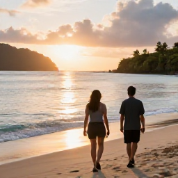 Caribbean Holidays, Martinique Walking, Comfortable walkers relaxing at a Martinique beach at sunset after a day of hiking, with calm sea and tropical scenery