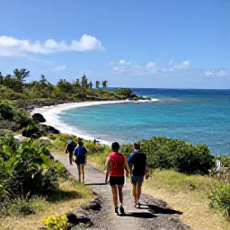 Caribbean Holidays, Martinique Walking, Hikers following a coastal path above a turquoise Caribbean bay in Martinique