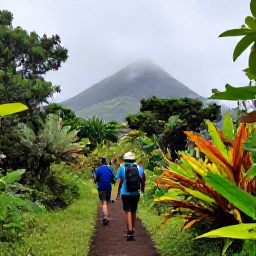 Caribbean Holidays, Martinique Walking, Hikers following a forest path on Mount Pel&eacute;e in Martinique, surrounded by misty volcanic scenery and lush tropical plants