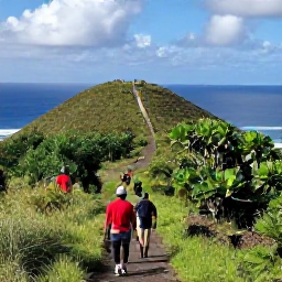 Caribbean Holidays, Martinique Walking, Hikers following a shaded coastal trail through Martinique's tropical hills in October, with sea views and green vegetation
