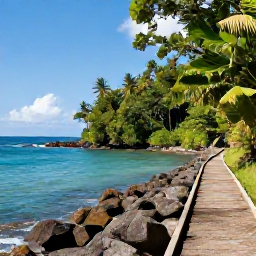 Caribbean Holidays, Martinique Walking Holidays, A coastal walking path near Anse Couleuvre in Martinique, with turquoise water, rocky shoreline and tropical forest