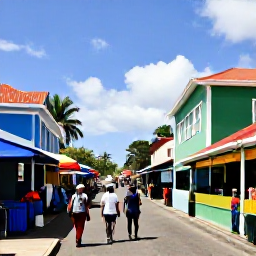 Caribbean Holidays, Martinique Walking Holidays, A colourful Martinique village street with a local market, Creole buildings and walkers enjoying January sunshine