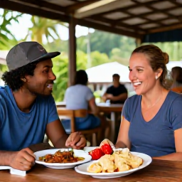 Caribbean Holidays, Martinique Walking Holidays, A friendly outdoor caf&eacute; in a Martinique village, with walkers enjoying local food after a hike