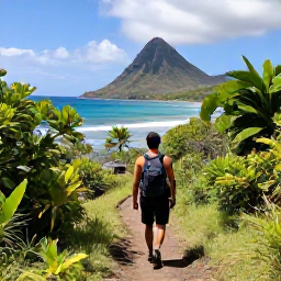 Caribbean Holidays, Martinique Walking Holidays, A hiker following a lush coastal trail above the turquoise Caribbean Sea in Martinique, with tropical vegetation and distant volcanic hills