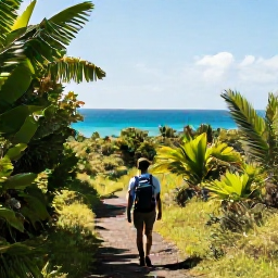 Caribbean Holidays, Martinique Walking Holidays, A hiker on a green coastal trail above the turquoise sea in Martinique, with tropical vegetation and warm April sunshine