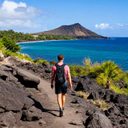 Caribbean Holidays, Martinique Walking Holidays, A hiker walking along a rugged coastal trail above the turquoise sea in Martinique, with tropical vegetation and volcanic hills in the distance