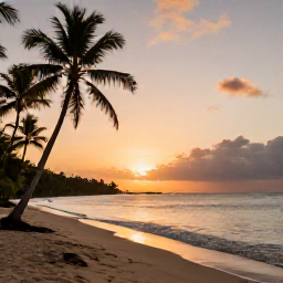 Caribbean Holidays, Martinique Walking Holidays, A peaceful January sunset over a Martinique beach after a day of walking, with warm sand, palm trees and calm sea