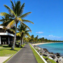 Caribbean Holidays, Martinique Walking Holidays, A peaceful Martinique coastal path beside turquoise water, palm trees and a sandy beach under a clear March sky