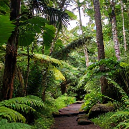 Caribbean Holidays, Martinique Walking Holidays, A peaceful rainforest trail in northern Martinique with tall tropical trees, ferns, mossy rocks and soft filtered sunlight