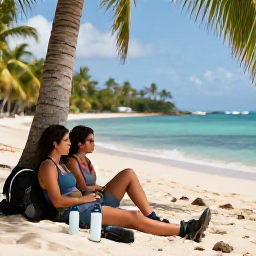 Caribbean Holidays, Martinique Walking Holidays, A prepared couple of walkers resting beneath palm trees on a Martinique beach after a hike, with water bottles, walking boots and a tropical bay behind them