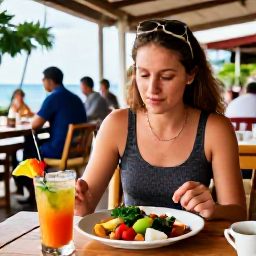 Caribbean Holidays, Martinique Walking Holidays, A relaxed walker enjoying a Creole lunch and tropical drink at a small outdoor restaurant in Martinique