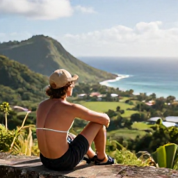 Caribbean Holidays, Martinique Walking Holidays, A relaxed walker resting at a Martinique viewpoint overlooking green hills and the Caribbean coastline in warm March sunlight