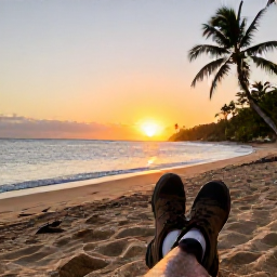 Caribbean Holidays, Martinique Walking Holidays, A relaxed walker resting beside a beautiful Martinique beach at sunset, with hiking boots, palm trees and calm Caribbean water