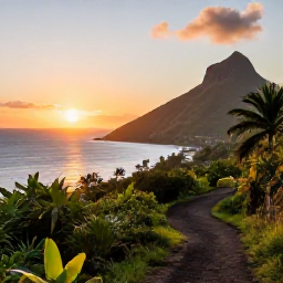 Caribbean Holidays, Martinique Walking Holidays, A relaxed walking holiday scene in Martinique at sunset, showing a coastal trail, tropical hills and the Caribbean Sea