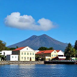 Caribbean Holidays, Martinique Walking Holidays, A relaxed walking route through colourful Saint-Pierre in Martinique, showing historic buildings, a waterfront and Mount Pel&eacute;e in the background