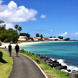 Caribbean Holidays, Martinique Walking Holidays, A scenic coastal path near Les Anses-d'Arlet in Martinique, with walkers, turquoise water, sandy coves and colourful houses
