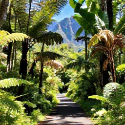 Caribbean Holidays, Martinique Walking Holidays, A scenic walking path through lush rainforest in Martinique, with volcanic mountains, ferns and filtered sunlight