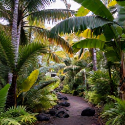 Caribbean Holidays, Martinique Walking Holidays, A shaded rainforest walking trail in northern Martinique with tall palms, tropical ferns, volcanic rocks and soft filtered sunlight