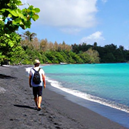 Caribbean Holidays, Martinique Walking Holidays, A walker on a coastal path near Anse Couleuvre in Martinique, with black volcanic sand, turquoise water and tropical forest