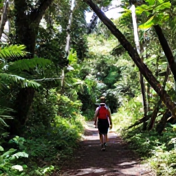 Caribbean Holidays, Martinique Walking Holidays, Hikers walking through a lush Martinique rainforest trail beneath tropical trees, with filtered sunlight and natural volcanic scenery