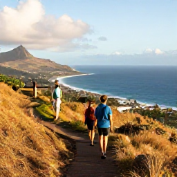 Caribbean Holidays, Martinique Walking Holidays, Walkers admiring a panoramic view across Martinique&rsquo;s coastline from a hillside trail in warm afternoon light