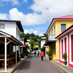 Caribbean Holidays, Martinique Walking Holidays, Walkers exploring a colourful Martinique village street with French Caribbean architecture, caf&eacute;s and tropical plants