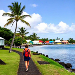 Caribbean Holidays, Martinique Walking Holidays, Walkers exploring a scenic trail beside a quiet bay near a colourful Martinique village, with palm trees, wooden houses and calm blue water