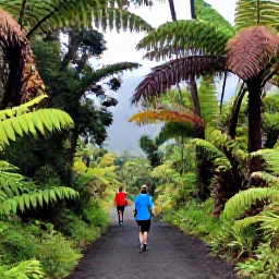 Caribbean Holidays, Martinique Walking Holidays, Walkers exploring a shaded rainforest path near Mount Pel&eacute;e in Martinique, surrounded by ferns, tropical trees and misty volcanic scenery
