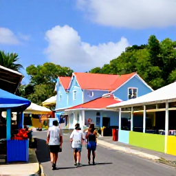 Caribbean Holidays, Martinique Walking Holidays, Walkers exploring a sunny Martinique village street with colourful Creole houses, market stalls and tropical flowers